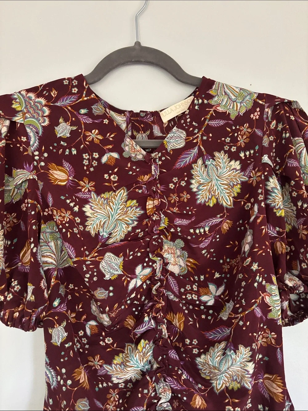 Ulla Johnson Burgundy Floral Puff Sleeve Blouse